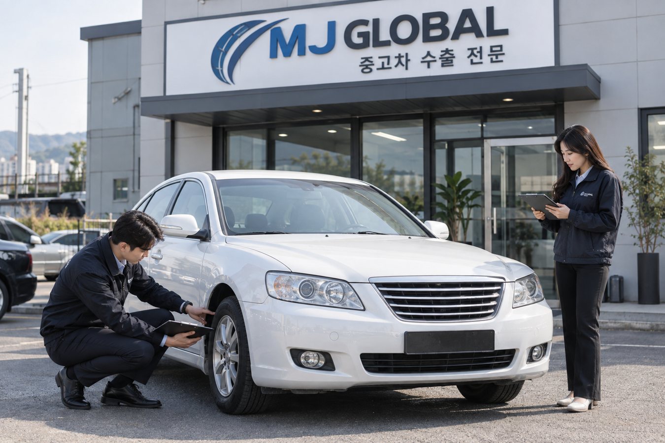 MJ GLOBAL 사무실 앞에서 쏘나타급 중형 차량을 확인하는 모습